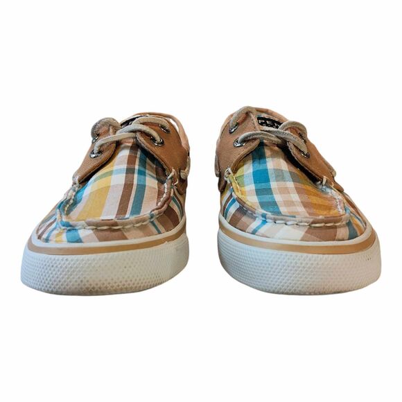 Sperry Top Sider Bahama Boat Shoe Womens Size 7 Brown Camel Plaid Canvas Slip On - Picture 10 of 14